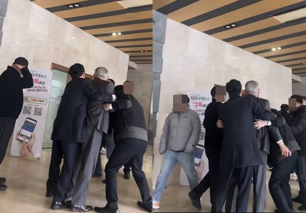 ▲정진홍 대표가 지난 3월17일 제주방송 사옥 로비에서 부현일 언론노조 제주방송지부장에게 욕설을 하는 영상 갈무리. 주위 직원들이 정 대표를 말리고 있는 모습이다.