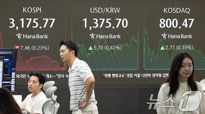11일 오후 서울 중구 하나은행 본점 딜링룸 전광판에 종가가 표시돼 있다. 2025.7.11/뉴스1 ⓒ News1 이승배 기자