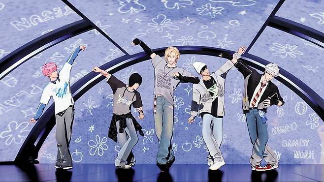 5인조 가상 아이돌 그룹인 '플레이브'가 신곡 발표를 하는 모습. /블래스트