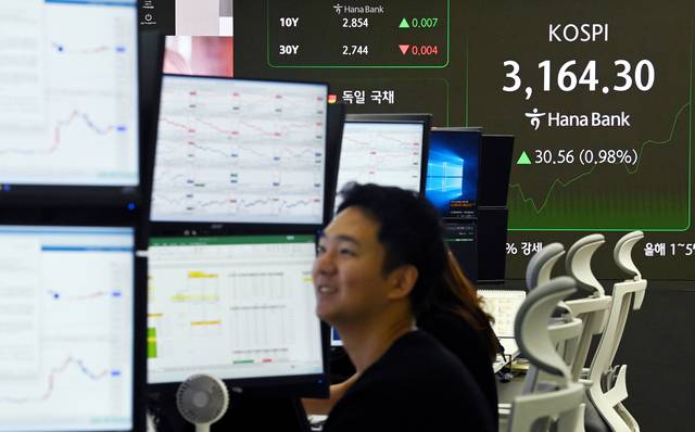 서울 중구 하나은행 딜링룸 전광판에 코스피 지수가 표시돼 있다. 윤성호 기자
