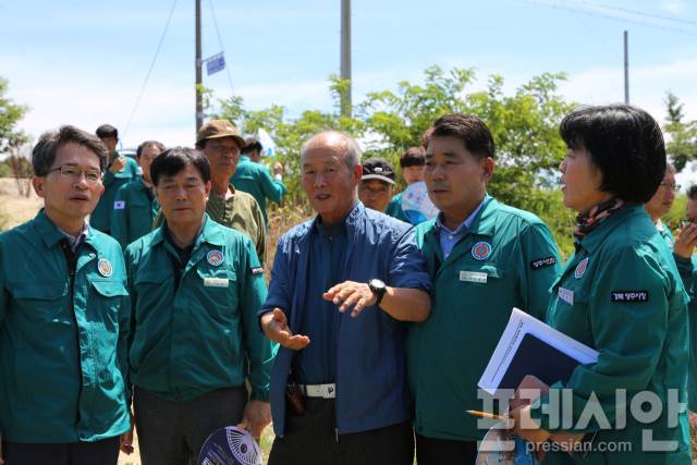 ▲ 유정근 영주시장 권한대행(왼쪽)을 비롯한 영주시의장, 부의장 및 농업기술센터소장 등이 심각한 표정으로 현장을 방문해 피해농민의 피해상황을 청취하고 있다. ⓒ프레시안(최홍식)