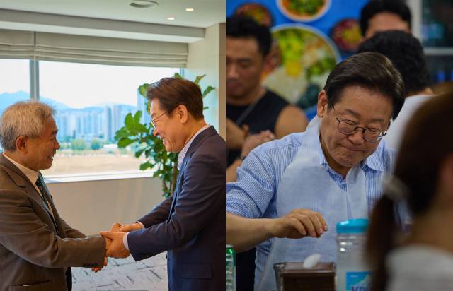 정규재 전 한국경제신문 주필과 악수하고 있는 이재명 대통령(왼쪽 사진), 종로구의 한 고깃집에서 직원들과 퇴근길 외식을 하고 있는 이 대통령. 사진=대통령실 제공.