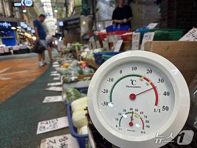 기록적 폭염이 이어지고 있는 10일 오후 서울 마포구 망원시장의 한 채소가게. 2025.7.10/뉴스1 ⓒ 뉴스1 장시온 기자