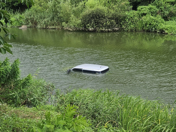 14일 오후 2시1분께 수원시 권선구 오목천동의 한 카페 주차장에서 차량이 후진하던 중 천변에 빠졌다는 신고가 접수됐다. /경기소방재난본부 제공