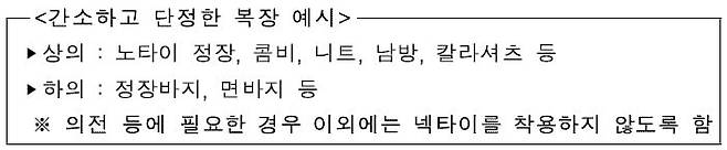 행정안전부가 2011년 5월 배포한 '공무원 하절기 복장 간소화 실시' 관련 보도자료에서 '간소하고 단정한 복장' 예시를 들었다.