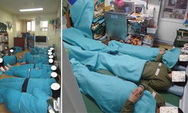 국가인권위원회가 2018년 11월5일 법무부 장관 등을 상대로 내린 교정시설 과밀화 해소 관련 결정문에 첨부된 교도소 수용실태 사진. 왼쪽은 청주여자교도소 혼거실(9명 정원에 11명 수용)이고, 오른쪽은 대전교도소 혼거실(4명 정원에 6명 수용)이다. 국가인권위원회 제공