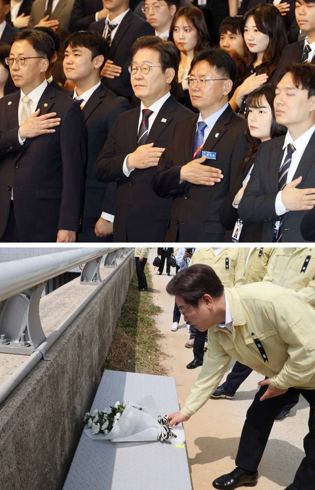 진천서 강연 마치고…‘2주기’ 오송 참사 현장 찾아 헌화 이재명 대통령이 14일 충북 진천군 국가공무원인재개발원에서 열린 5급 공채 합격자 대상 신임 관리자 특강에 앞서 국민의례를 하고 있다(위 사진). 이날 이 대통령이 2023년 7월15일 폭우로 침수돼 14명이 사망한 청주시 오송읍 궁평2지하차도 참사 현장을 방문해 헌화하고 있다. 대통령실사진기자단