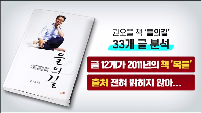 권 후보가 2014년에 낸 책 <을의 길> 중 약력 소개 외에 실려 있는 글은 모두 33개다. 이 중 12개가 2011년에 낸 첫 번째 책을 베껴온 것이었다.