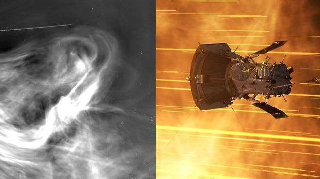 NASA의 태양탐사선 파커 솔라 프로브와 태양풍이 쏟아지는 모습. NASA