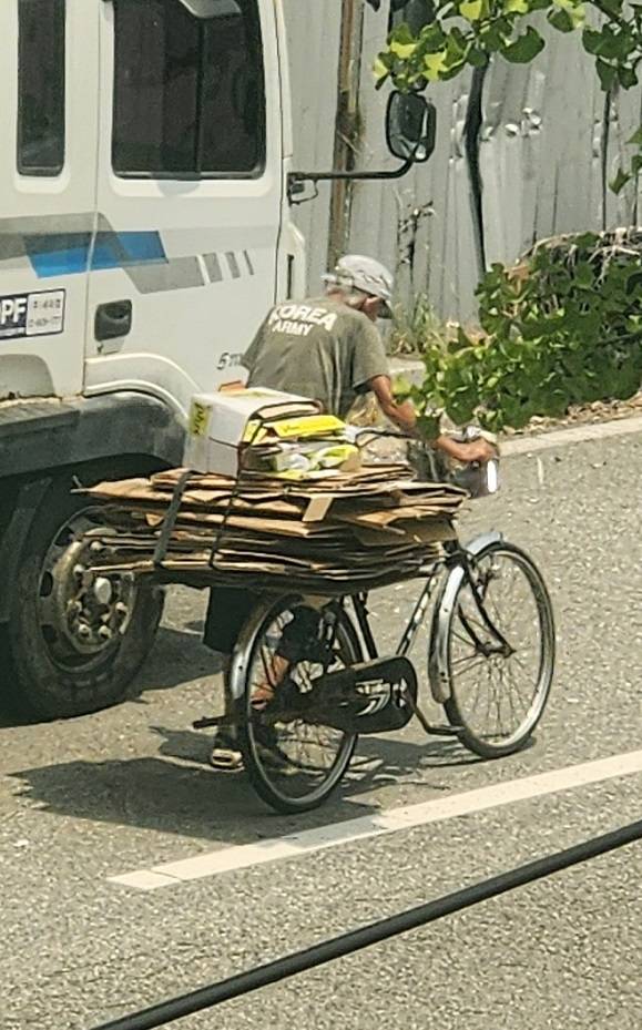 광주의 낮 최고 기온이 섭씨 36도까지 치솟은 11일 오후 3시30분께 북구 용봉동 패션의 거리. 자전거 짐칸에 폐지를 가득 실은 70대 후반의 한 어르신이 자동차가 빵빵거리며 옆을 빠르게 스치고 지나가는 위험한 상황에도 아랑곳하지 않고 도로변에 붙어 유유히 지나가고 있다. ⓒ시사저널 정성환