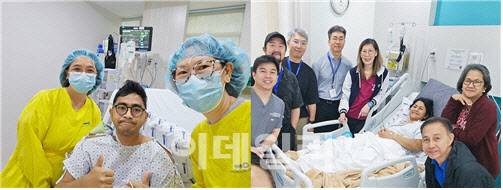 왼쪽 사진은 한국 의료진에게 생명을 선물 받은 프란츠 아렌 바바오 레예즈 씨가 ‘한국 의료 최고’라 외치며 두 손 모두 엄지를 치켜세운 모습이다. 오른쪽 사진은 생체 간이식 수술을 받은 모자의 가족들이 한국 의료진에게 감사함을 전하기 위해 마카티병원에 찾아 인사하는 모습이다. 왼쪽 두 번째가 김기훈 서울아산병원 간이식·간담도외과 교수다.(사진=서울아산병원 제공)