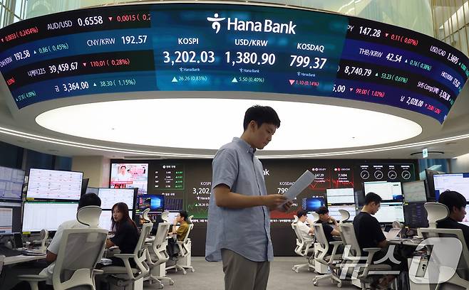 서울 중구 하나은행 본점 딜링룸 전광판./뉴스1 ⓒ News1 황기선 기자