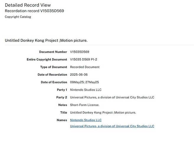 닌텐도와 유니버설이 저작권을 등록했다