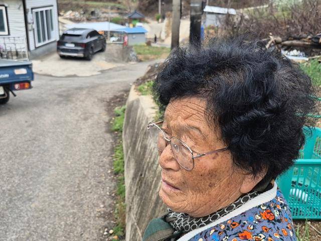 서복래 할머니가 4월 23일 안동 길안면 대곡1리 보초마을에서 집터가 철거되는 모습을 지켜보고 있다. 안동=김나연 기자