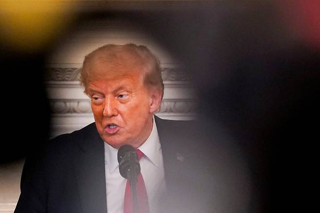 14일(현지시간) 도널드 트럼프 미국 대통령이 워싱턴 D.C. 백악관에서 열린 백악관 신앙 담당국 주최 오찬 행사에서 연설하고 있다. 로이터연합뉴스