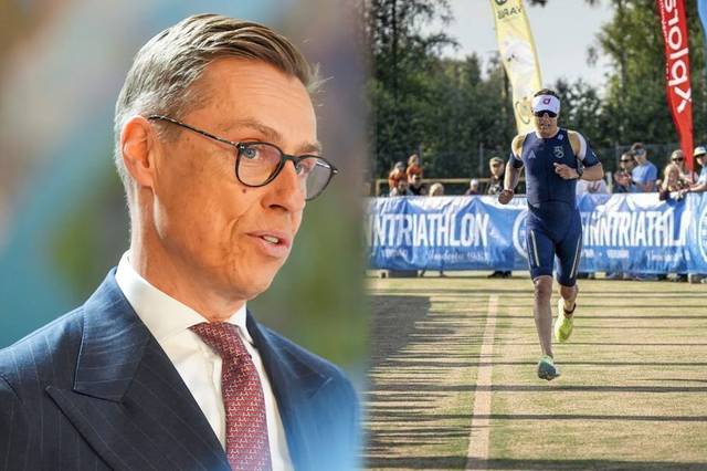 알렉산데르(왼쪽 사진) 스투브 핀란드 대통령이 지난 11일 요로이넨에서 열린 트라이에슬론 경기에 출전해 2위로 골인하고 있다(오른쪽 사진) AFP 연합뉴스·엑스(X) 캡처