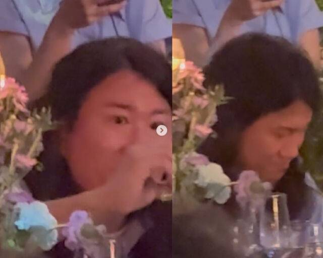 임우일이 결혼식에 집중하지 않고 테이블에 있는 것들을 맛봤다. / 김기리 소셜미디어