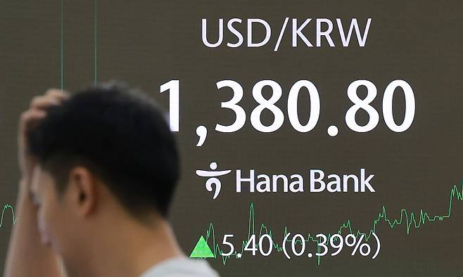 14일 서울 중구 하나은행 본점 딜링룸에서 딜러가 업무를 보고 있다. 이날 코스피는 전 거래일보다 26.26p(0.83%) 오른 3,202.03으로 마감했다. 원/달러 환율은 5.8원 오른 1,381.2원, 코스닥지수는 1.10p(0.14%) 내린 799.37로 장을 마쳤다. 연합뉴스