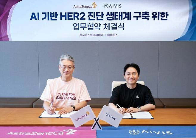 사진: 전세환 한국아스트라제네카 대표이사(왼쪽)와 이대홍 에이비스 대표이사(오른쪽)가 15일 삼성동 한국아스트라제네카 본사에서 업무협약을 체결하고 기념 사진을 촬영하고 있다.