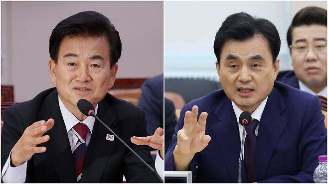 정동영 통일부 장관 후보자가 14일 서울 여의도 국회 외교통일위원회에서 열린 인사청문회에 출석해 의원 질의에 답하고 있다(왼쪽). 안규백 국방부 장관 후보자가 15일 국회 국방위원회에서 열린 인사청문회에서 의원 질의에 답변하고 있다.