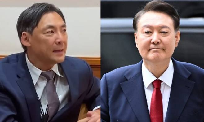 모스 탄 미국 리버티대학 교수와 지난 9일 서울 서초구 서울중앙지방법원에서 구속 전 피의자심문(영장실질심사)을 받기 위해 출석하고 있는 윤석열 전 대통령. 전한길 뉴스 유튜브 갈무리, 사진공동취재단