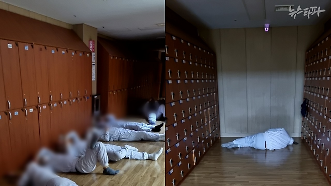 SPC그룹 산하 제빵공장에서 야간 근무 중 휴식을 취하고 있는 노동자들. 마땅한 휴게공간이 없어 탈의실 앞에 누워 있다. 사진은 현재 근무 중인 노동자가 2022년 4월 촬영한 것으로, 그는 "지금도 2022년과 상황이 다르지 않다"고 말했다.