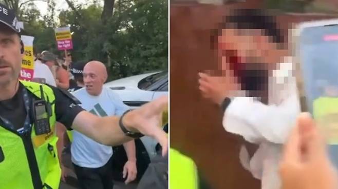 14일(현지시간) 영국 에식스주 에핑 중심가에 있는 3성급 호텔 ‘더 벨’ 앞에서 반이민 단체와 인권 운동가들이 맞불 시위를 벌이다 충돌했다(왼쪽). 한 남성이 머리에 피를 흘린 채 경찰 통제선을 지나고 있다. 출처=데일리메일