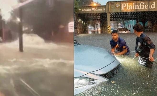 지난 14일(현지시간) 미국 동부 뉴저지주 일대에 내린 기습 폭우로 단 몇 초 만에 도로가 물에 잠겼다. 사진은 구조대원들이 고립된 운전자 등을 구하기 위해 애쓰는 모습