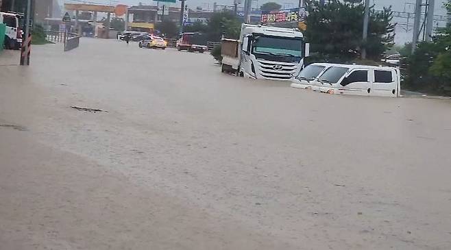 조치원 홍대 부근 차량 침수 상황. 사진=시민 제공.