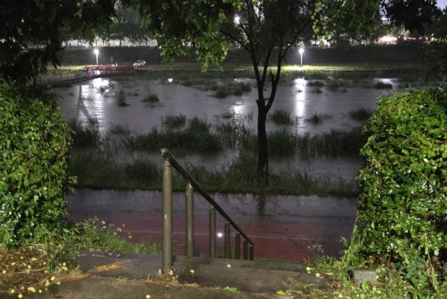 16일 오후 대전 갑천대교. 이날 오후 호우주의보 발효에 따라 대전 내 모든 하천진입계단이 통제됐다는 대전시의 안내와 달리 갑천대교 천변에는 별도의 출입 제한 조치가 없는 모습. 사진=김중곤 기자