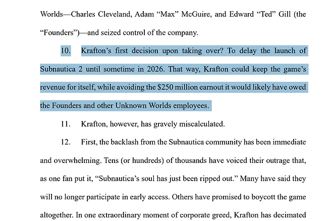 '서브노티카2' 개발사 언노운 월즈 전 경영진 3인방은 크래프톤이 2억 5000만 달러 상당의 언아웃 인센티브 지급을 회피하려고 얼리 액세스 출시를 연기한 것이라고 주장했다.(출처=찰리 클리블랜드 SNS).