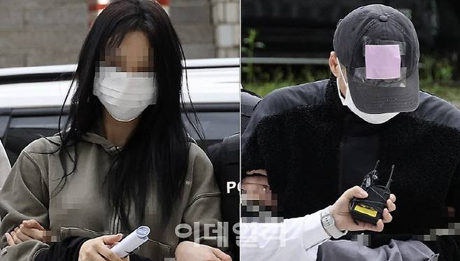 축구 국가대표팀 주장 손흥민의 아이를 임신했다고 주장하며 손씨에게 돈을 뜯어내려 한 20대 여성 양모씨(왼쪽)와 40대 남성 용모씨가 지난 5월 17일 영장실질심사를 받기 위해 서울중앙지법에 들어서고 있다.(사진=연합뉴스)