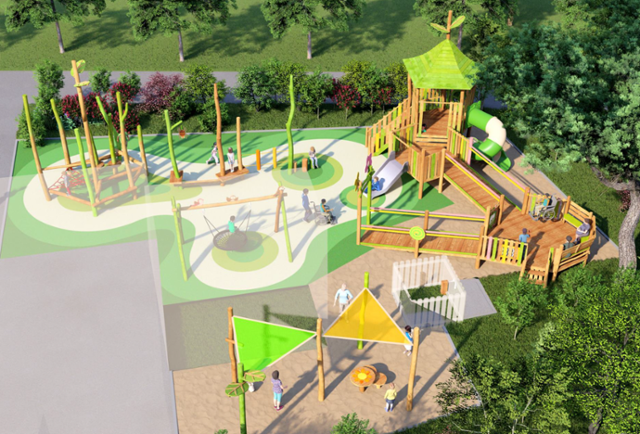 놀이시설 설치 업체 가이아글로벌이 7일 공개한 홍성군 꿈자람센터 통합놀이터 조감도. 조합놀이대, 바구니그네 등 장애아동도 이용할 수 있는 놀이시설이 배치돼 있다. 세이브더칠드런·가이아글로벌 제공
