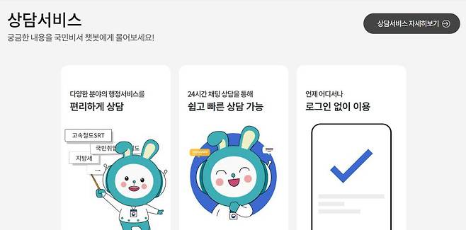 챗봇과의 대화를 통해 원하는 답변을 얻을 수 있는 국민비서 상담 서비스 / 출처=국민비서 공식 홈페이지