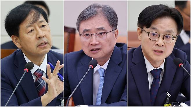 구윤철 경제부총리 겸 기획재정부 장관 후보자(왼쪽부터), 조현 외교부 장관 후보자, 김정관 산업통상자원부 장관 후보자가 17일 서울 여의도 국회에서 열린 인사청문회에서 의원 질의에 답하고 있다. /남강호 기자