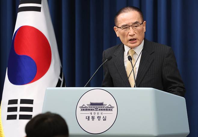 미국에서 귀국한 위성락 국가안보실장이 9일 용산 대통령실에서 방미 결과에 관해 브리핑하고 있다./연합뉴스