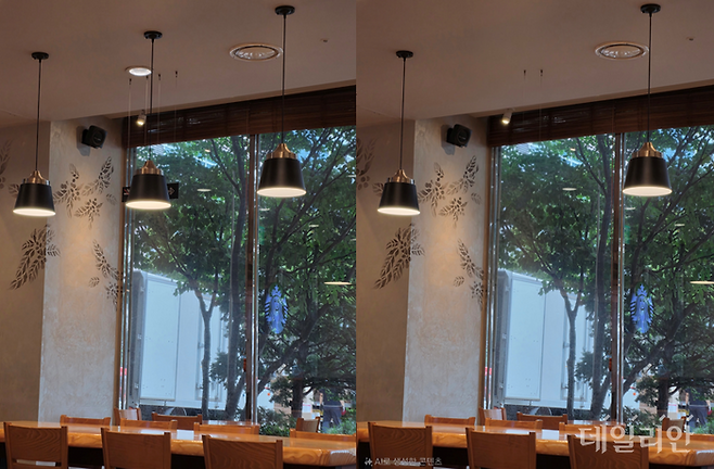 AI 기능인 '생성형 편집'. 사진 화면 위에 삭제하고 싶은 대상을 손으로 그리기만 하면, AI가 해당 영역을 인식해 테두리만큼 지워준다. 왼쪽이 원본 오른쪽이 생성형 편집이 적용된 사진. 왼쪽 하단에 AI로 생성한 콘텐츠라는 설명이 기입된다.ⓒ데일리안 조인영 기자