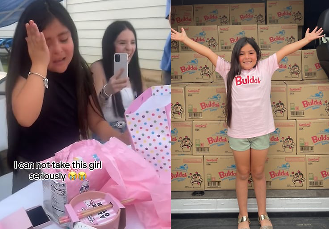 까르보불닭을 선물 받고 엉엉 울던 까르보소녀 '아달린'. 이후 삼양에서 1년치 불닭 선물 이벤트를 열었다. 틱톡 갈무리.