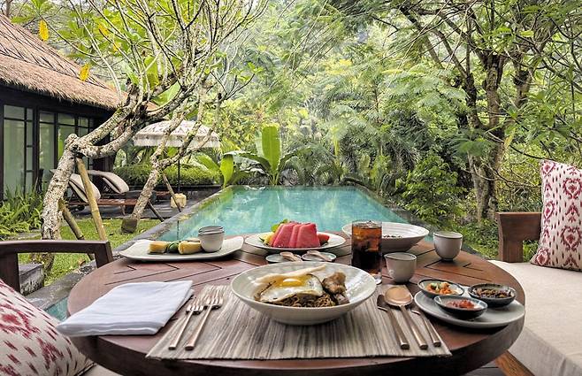 객실 테라스에서 즐기는 조식. 프라이빗 풀 너머로 정글이 눈에 들어온다. /김지호 기자