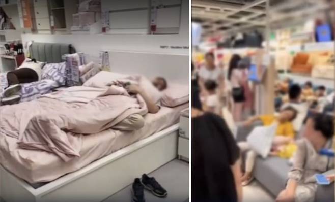 중국에서 외국계 대형 가구 매장을 찾은 시민들이 판매를 위해 진열해놓은 침대에 누워 잠을 자고, 소파에 널브러져 있다./사진=채널A뉴스 캡처