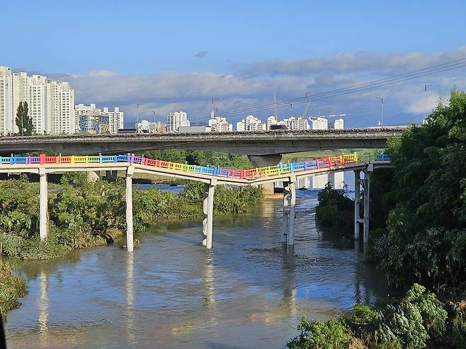 21일 울산 중구 다운동의 옛 삼호교 일부가 무너져 내린 모습. 이 다리는 폭우의 영향으로 전날 저녁 붕괴됐다. 울산시 제공