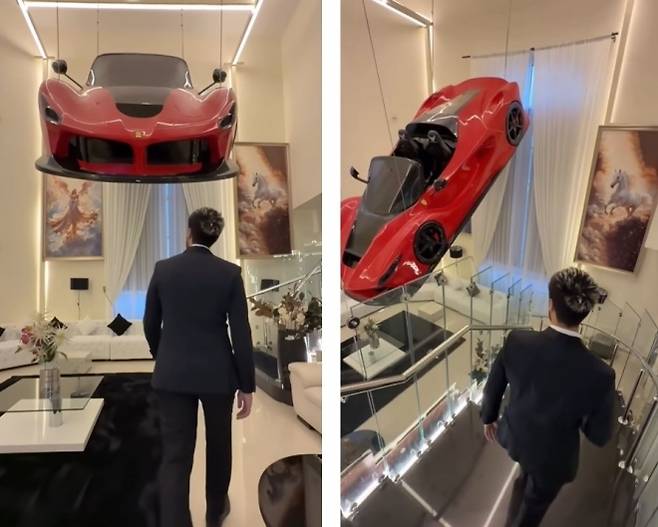 두바이의 사업가 겸 유튜버인 모하메드 베이라그다리는 최근 자신의 인스타그램을 통해 50만 달러(약 7억원) 상당의 페라리를 장식용으로 집 안에 매달았다고 밝혀 화제를 모았다. 인스타그램 캡처