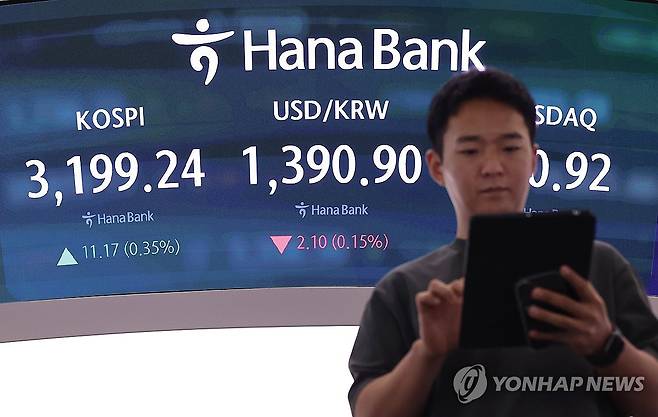 코스피, 소폭 상승 출발 (서울=연합뉴스) 김주형 기자 = 21일 서울 중구 하나은행 본점 딜링룸에서 직원들이 업무를 보고 있다. 이날 코스피 지수는 전장보다 12.74포인트(0.40%) 오른 3,200.81이다. 지수는 전장보다 3.04포인트(0.10%) 오른 3,191.11로 출발해 상승 폭을 조금씩 키우고 있다. 2025.7.21 kjhpress@yna.co.kr