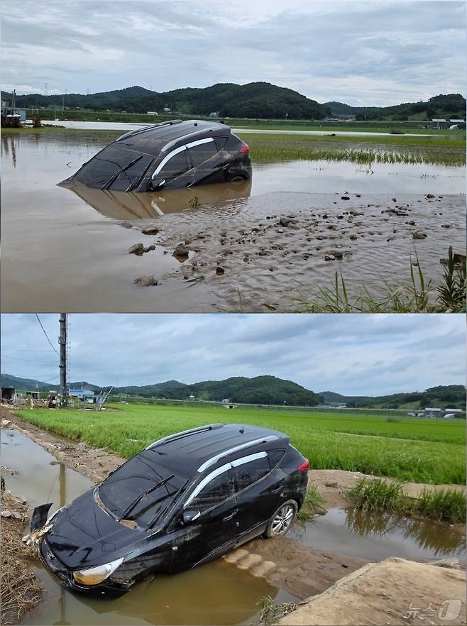 20일 충남 아산 염치읍 곡교리에서 폭우로 침수됐던 차량(사진 위)이 물이 빠지면서 모습을 드러냈다. 2025.7.20/뉴스1 ⓒ News1 이시우 기자
