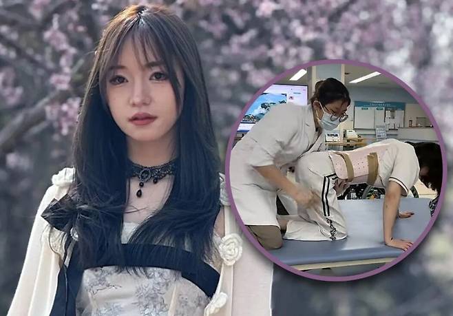 사고를 당한 A씨. 동그라미 안은 A씨가 치료를 받고 있는 모습. /SCMP