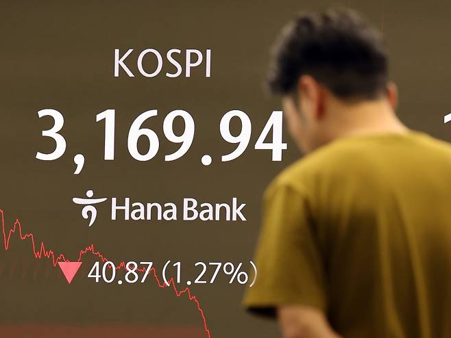 (서울=뉴스1) 황기선 기자 = 22일 오후 서울 중구 하나은행 본점 딜링룸 전광판에 증시 종가가 표시되고 있다. 이날 코스피 지수는 전 거래일 대비 40.87p(1.21%) 내린 3169.94, 코스닥 지수는 8.72p(1.06%) 오른 812.97로 장을 마감했다. 2025.7.22/뉴스1