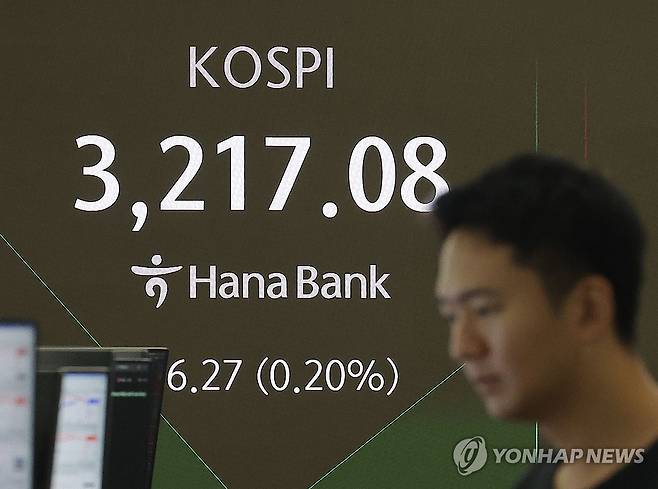 코스피 (서울=연합뉴스) 류영석 기자 = 코스피가 3,210대를 기록 중인 22일 오전 서울 중구 하나은행 본점 딜링룸에서 딜러가 업무를 보고 있다.
이날 코스피는 전날보다 0.69p(0.02%) 내린 3,210.12로 시작했다. 원/달러 환율은 5.2원 내린 1,383.0원으로, 코스닥은 0.64p(0.08%) 오른 822.33로 개장했다. 2025.7.22 ondol@yna.co.kr