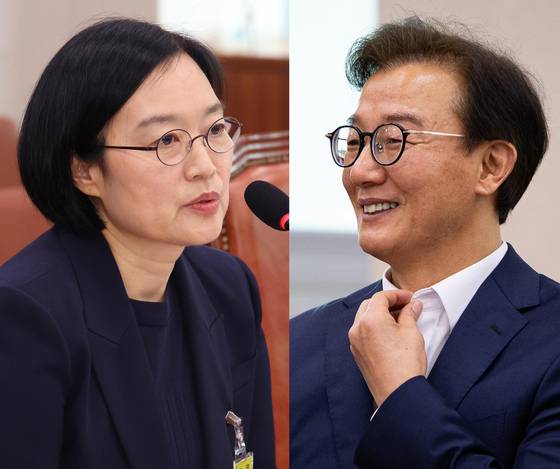 한성숙 중소벤처기업부 장관 후보자가 지난 15일 서울 여의도 국회 산업통상자원중소벤처기업위원회에서 열린 인사청문회에서 질의에 답하고 있다. 오른쪽은 23일 서울 여의도 국회에서 열린 제427회 국회(임시회) 제5차 산업통상자원중소벤처기업위원회 전체회의에서 의원들과 대화하며 미소 짓고 있는 전재수 해양수산부 장관 후보자. 뉴스1, 뉴시스