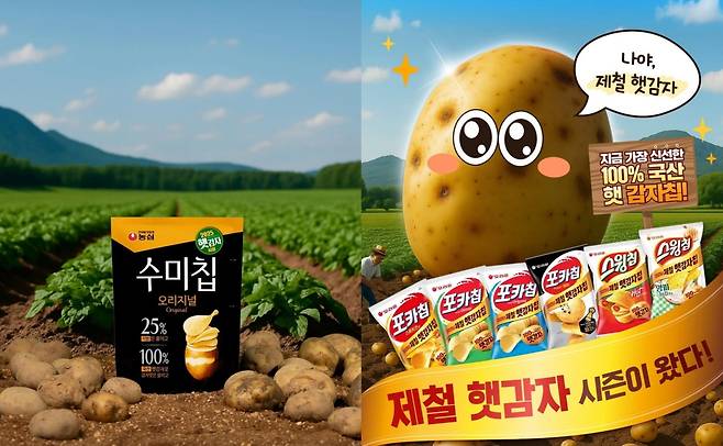 농심 인스타그램 공식 계정에 올라온 햇수미감자로 만든 수미칩 사진(왼쪽)과 오리온 인스타그램 공식 계정에 올라온 포카칩 사진. /인스타그램 캡처 갈무리