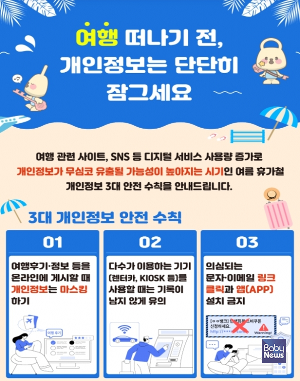 개인정보보호위원회(위원장 고학수, 이하 '개인정보위')는 한국인터넷진흥원(원장 이상중)과 함께 여행·숙박·교통 등 디지털 서비스 이용과 후기, 사진 등 게시 활동이 활발해지는 여름철을 맞아 오는 8월 31일까지 온라인 상 개인정보 노출 및 불법유통에 대한 집중 탐지 기간을 운영한다. ⓒ개인정보보호위원회